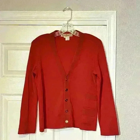 Vintage Salvatore Ferragamo Red Wool Rib Logo Button Front Cardigan Sweater - Picture 1 of 15